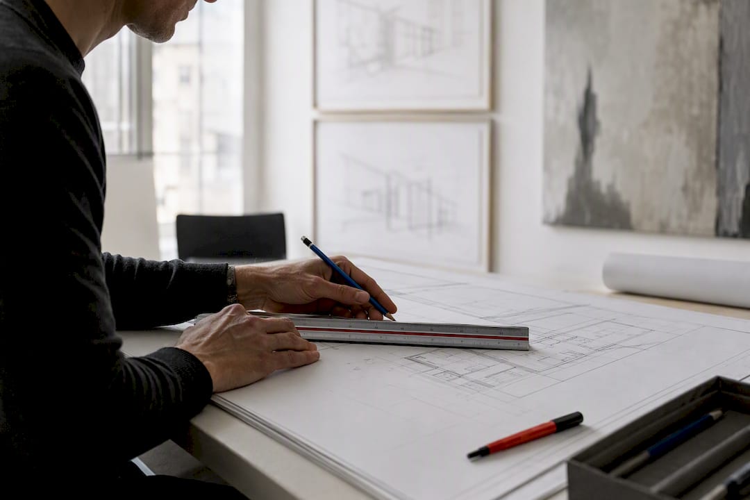 Architect hands with drafting tools