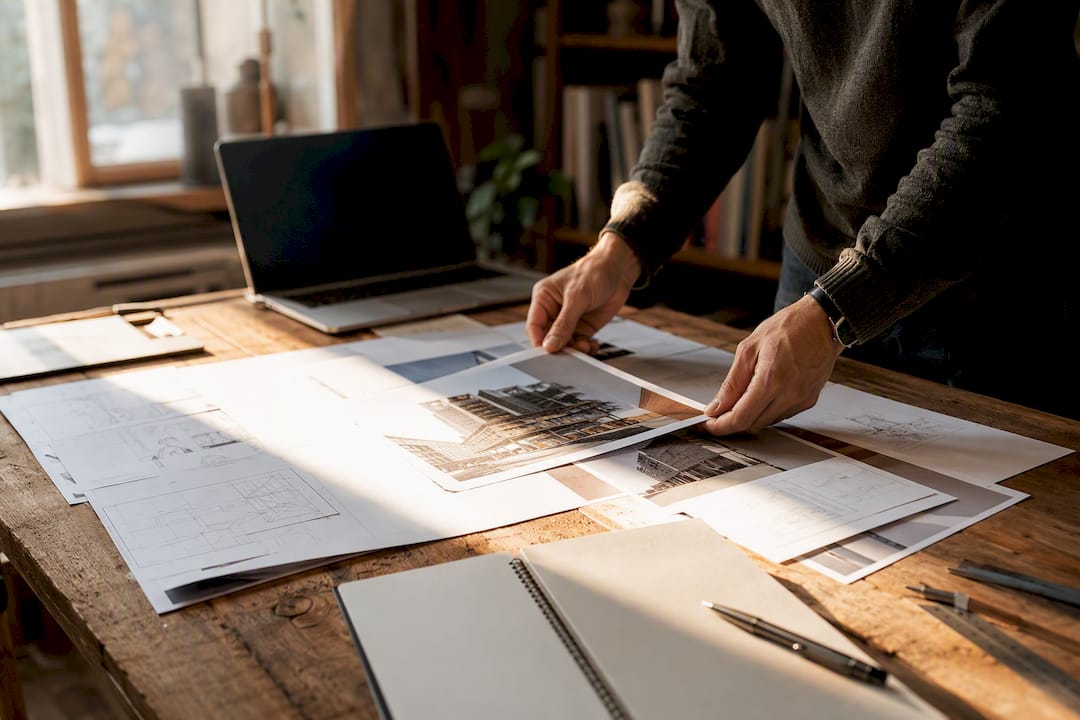 Architect hands arranging portfolio materials
