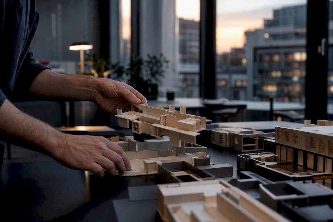 Architect hands adjusting BIM model pieces