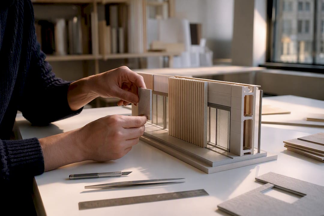 Hands manipulating architectural model segment