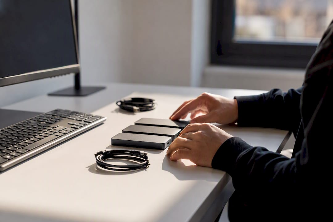 Hands organizing digital storage devices
