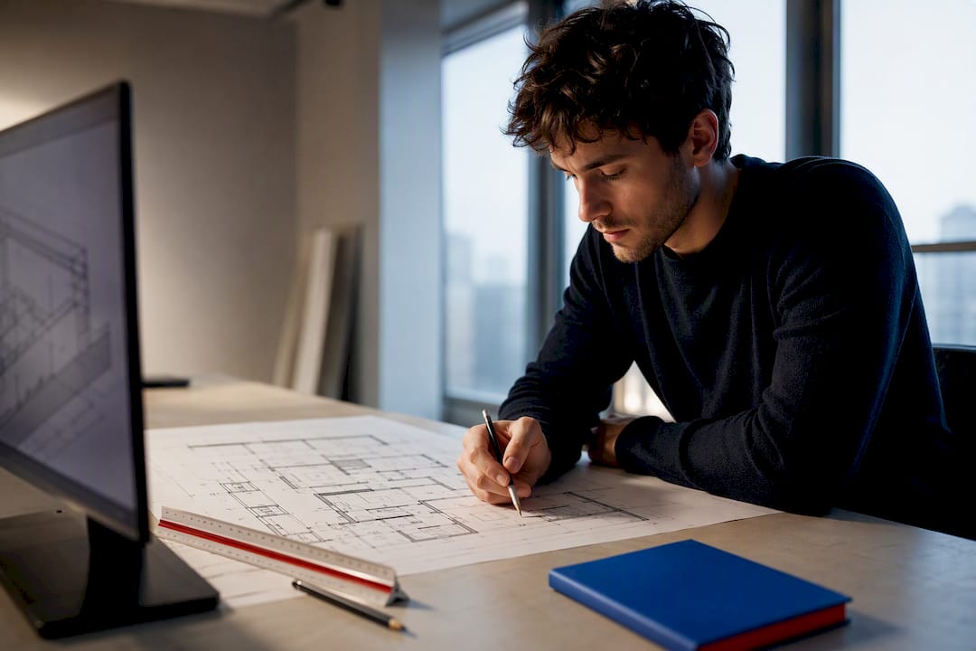 Learner reviewing an architectural CAD drawing
