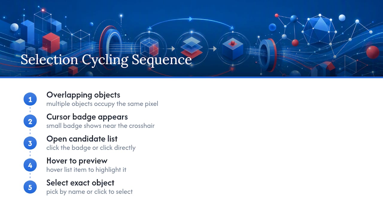 Selection cycling workflow from overlap to object