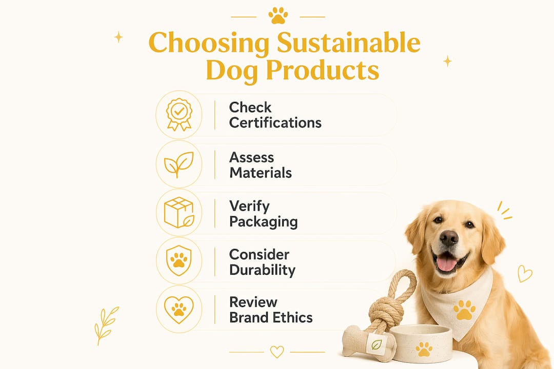 Infographic outlining steps to choose sustainable dog products