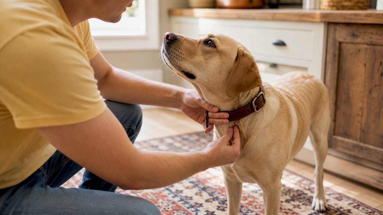 Hands checking dog collar fit with two-finger rule