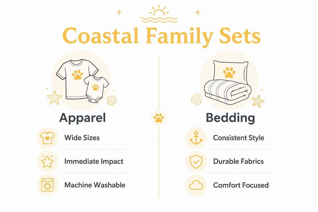 Infographic comparing apparel and bedding coastal family sets