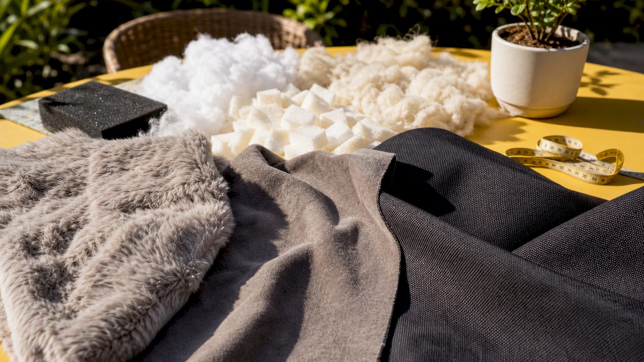 Close-up of plush dog bed fabric and fill samples