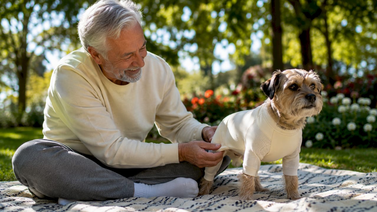 Man adjusting dog loungewear fit outside