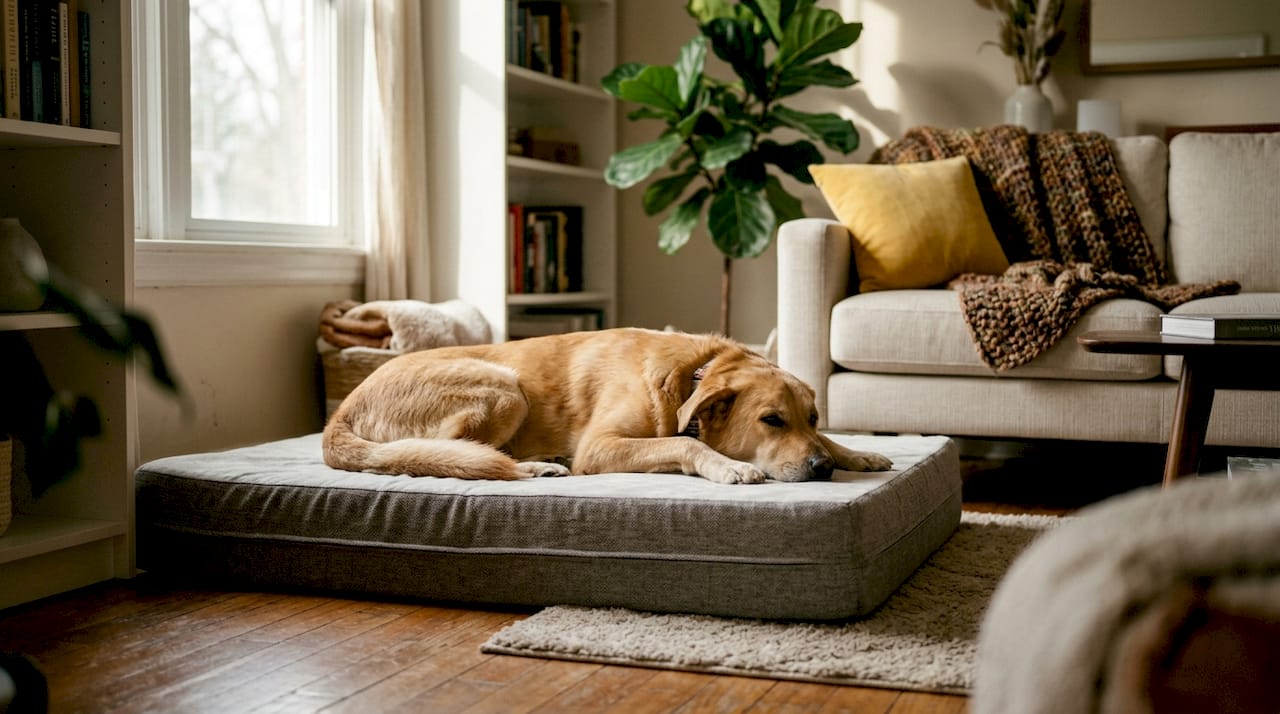 Large dog resting on orthopedic foam bed