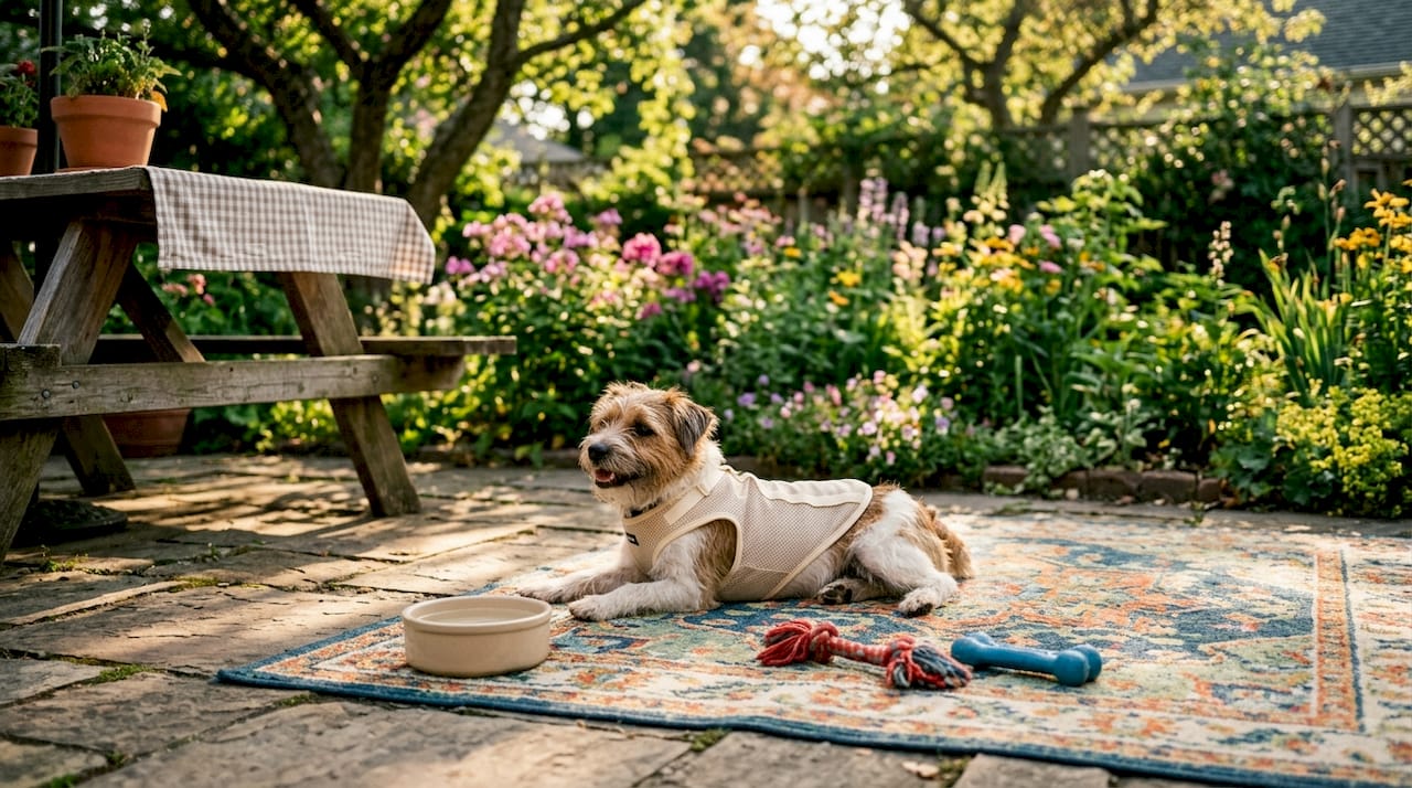 Small dog wearing breathable summer vest outdoors