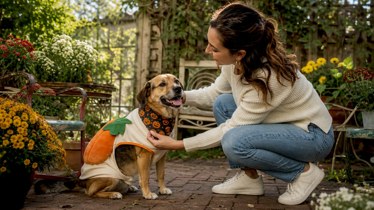 Woman adjusting dog's safe seasonal costume outdoors