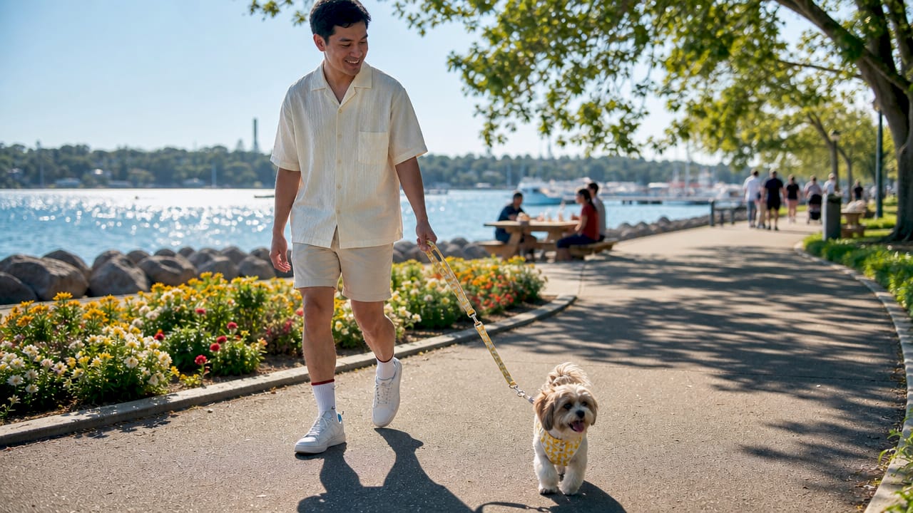 Young man walking dog in stylish harness outdoors