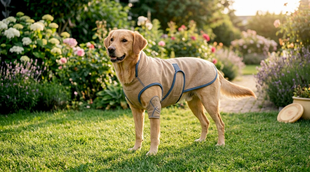 Close-up of dog's apparel seam near elbow joint