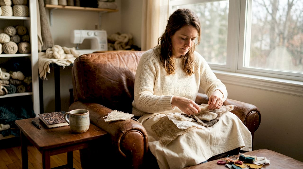 Hands sorting natural fiber samples on table
