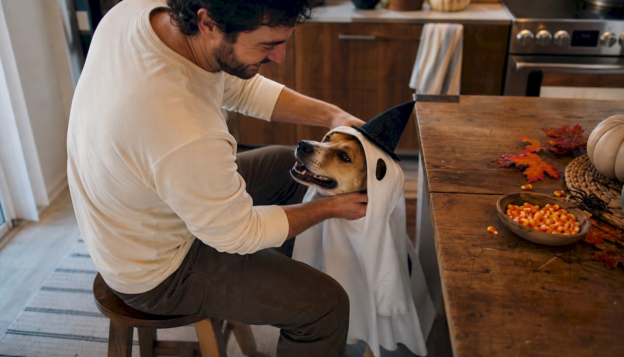 Man and dog in matching Halloween costumes indoors
