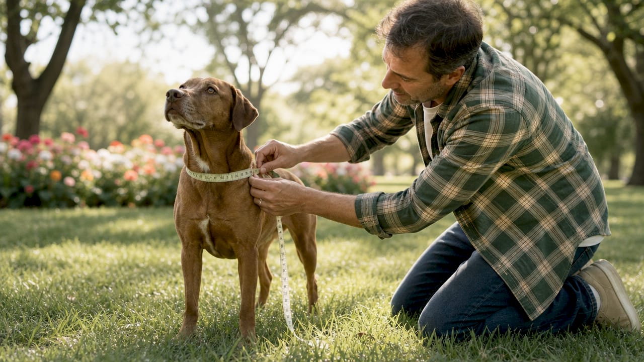 Man measuring dog's neck while dog stands