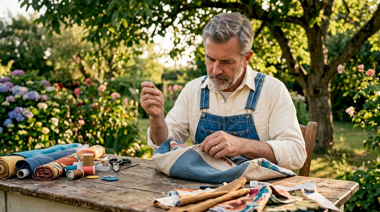 Craftsman sewing custom dog bed in workshop