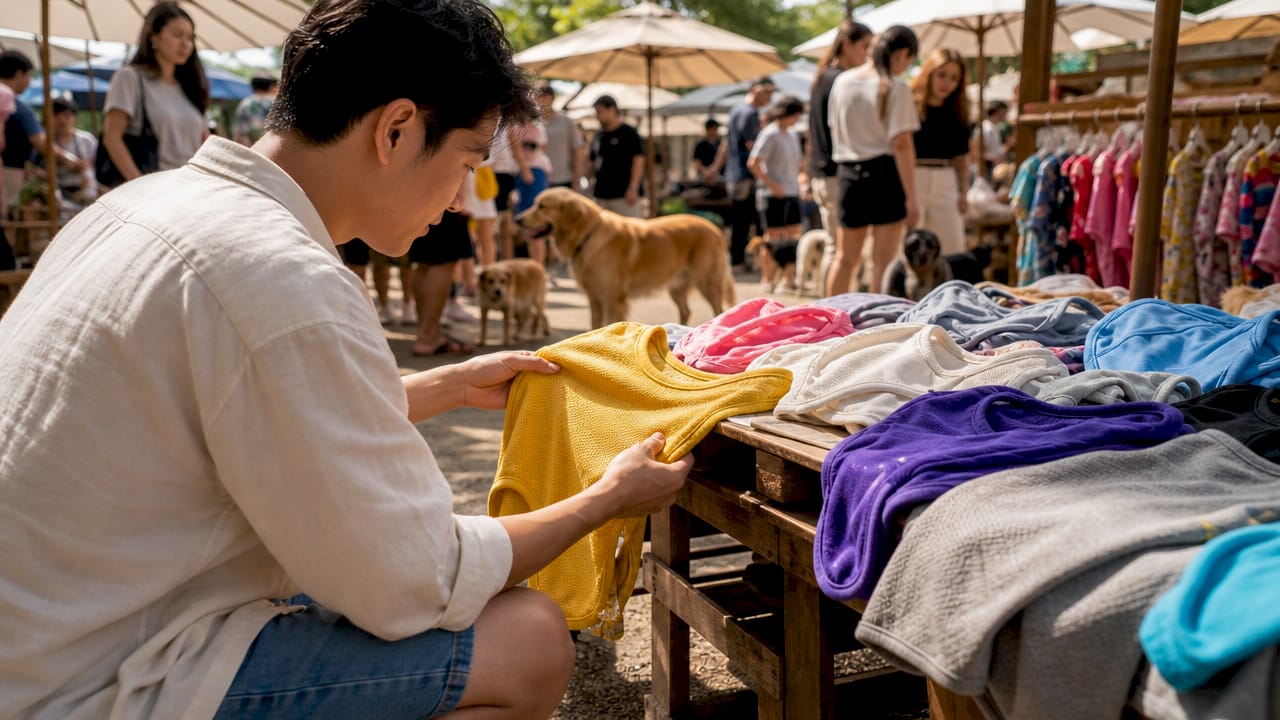 Hands feeling dog apparel fabric textures at boutique