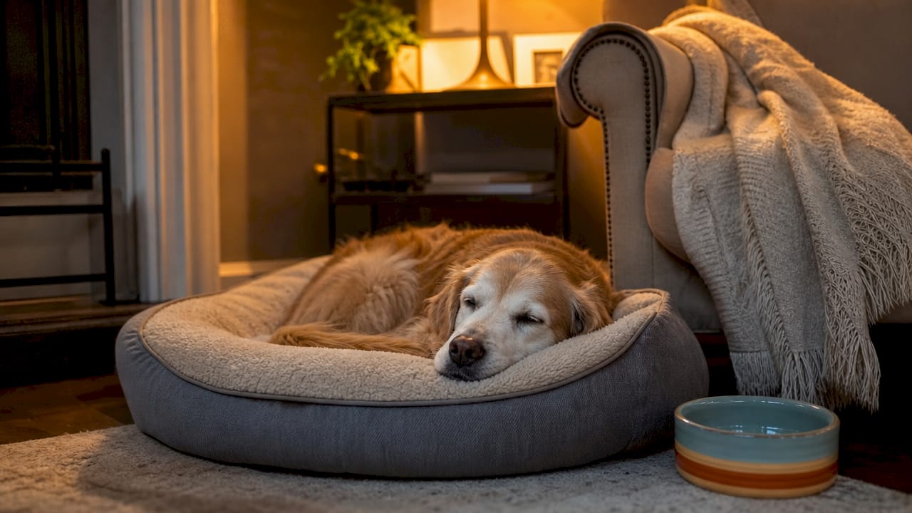 Senior dog resting on orthopedic bed