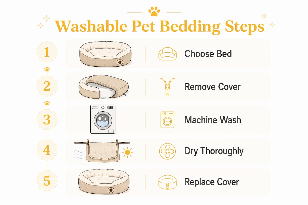 Infographic showing washing steps for pet bedding