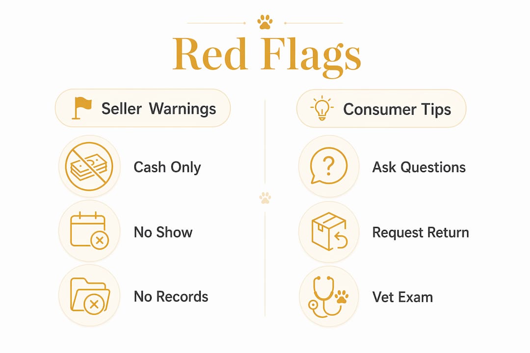 Infographic comparing red flags and consumer tips for ethical pet shopping