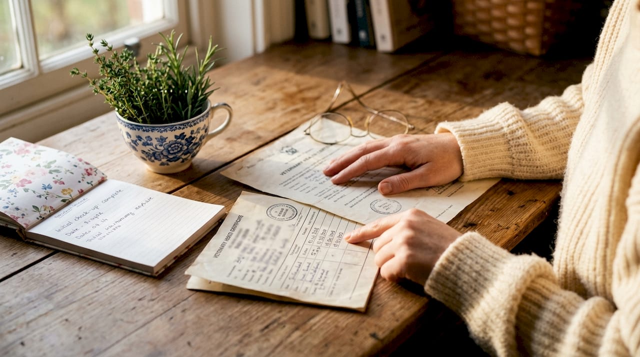 Hands holding veterinary records for pet acquisition