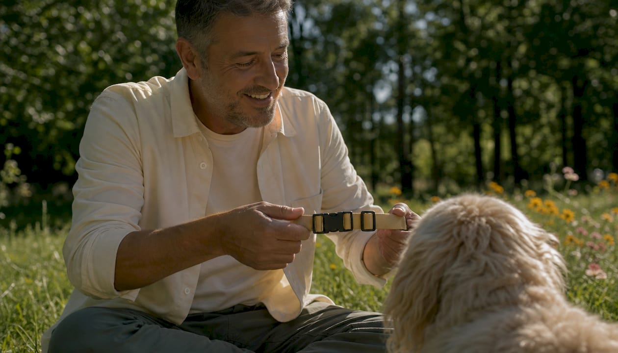 Hands adjusting recycled nylon dog collar outdoors