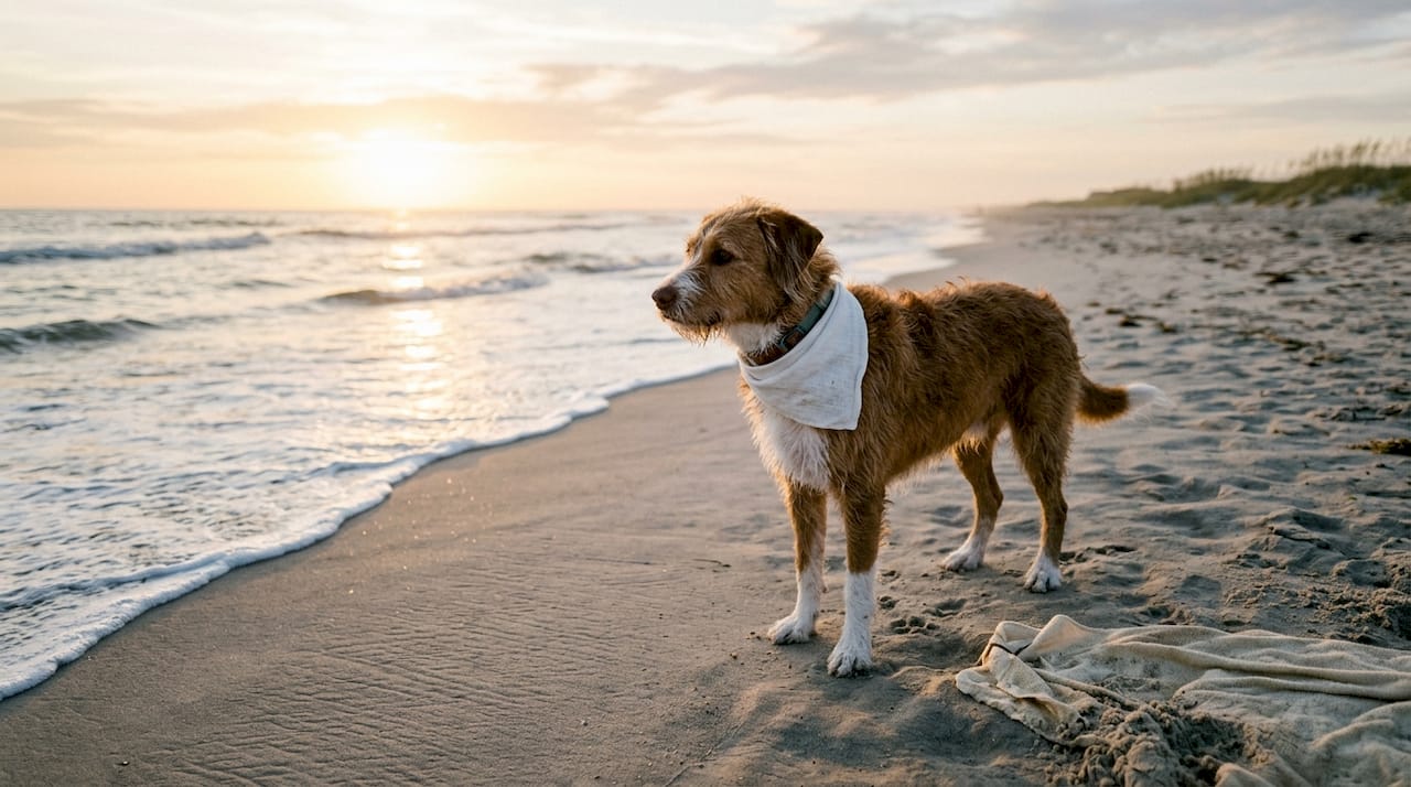 Dog wearing white linen bandana on wooden pier