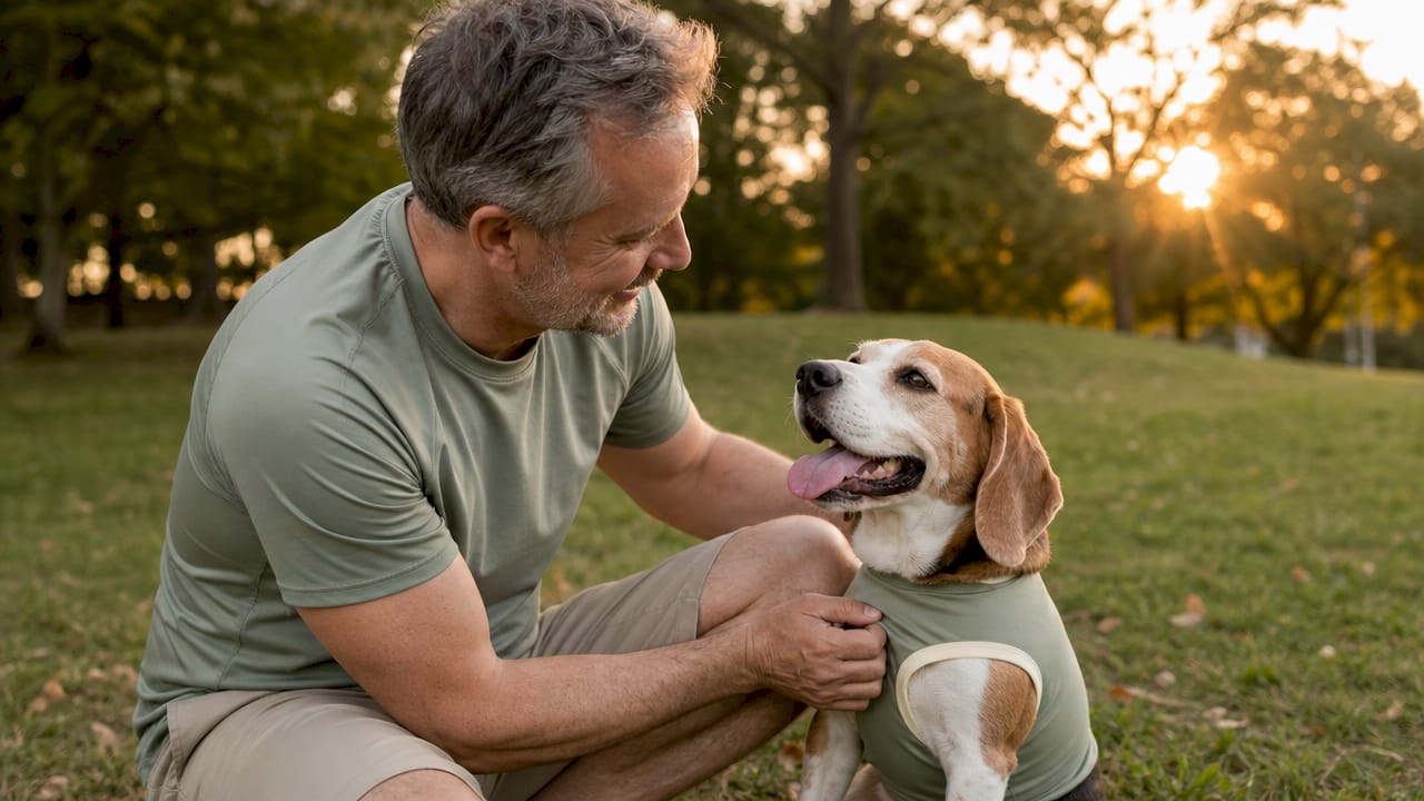 Man and dog in matching outfits outdoors
