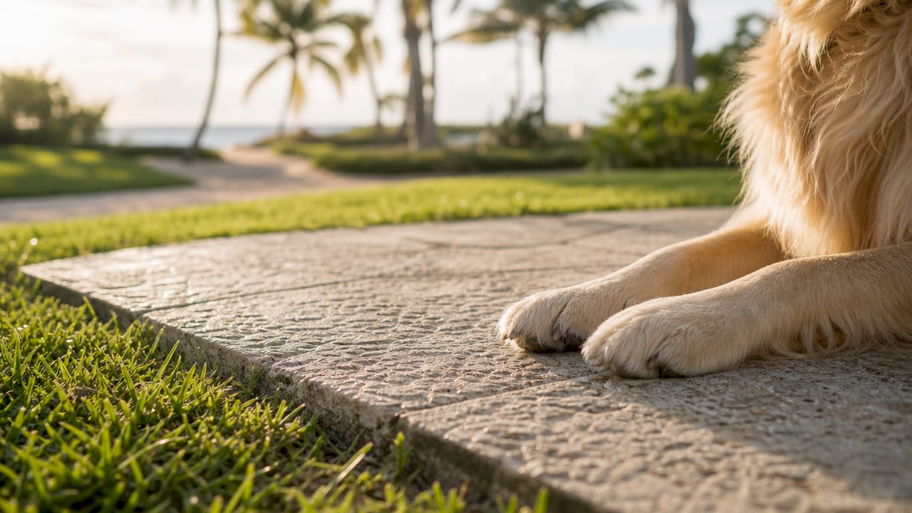 Dog paws on pet-safe cool coastal flooring texture