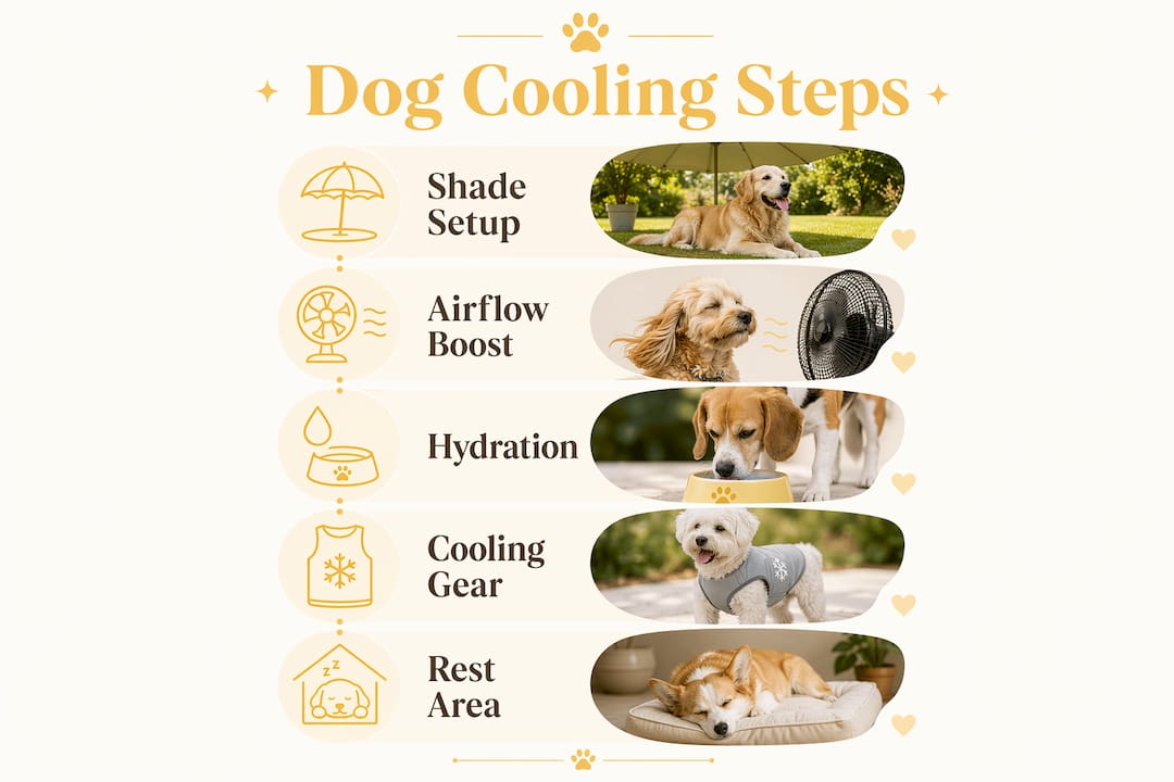 Infographic showing key steps for dog outdoor cooling and hydration