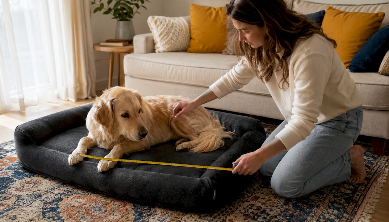 Person measuring dog on memory foam bed