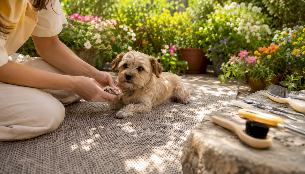 Close-up of hands inspecting terrier paws