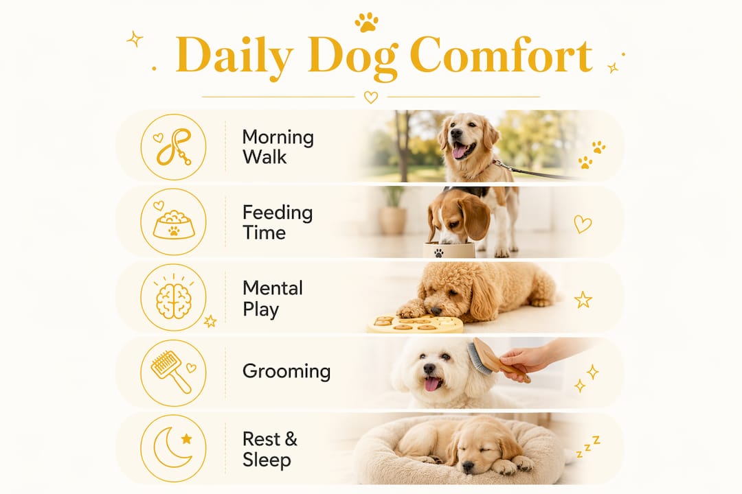 Infographic showing daily dog comfort routine steps