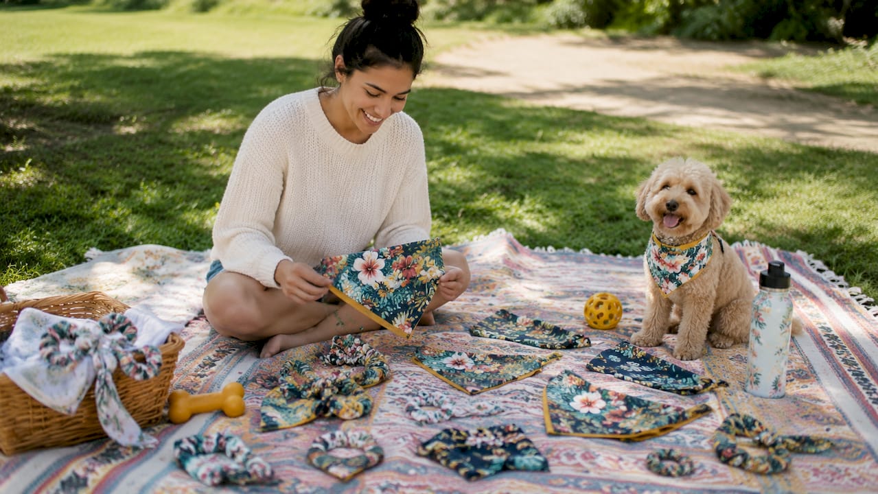 Matching dog bandanas with human scrunchies and scarves