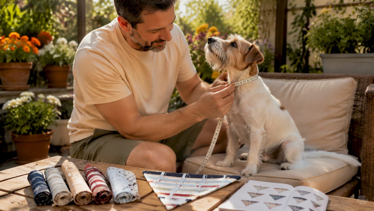 Man measuring dog's neck for bandana size indoors