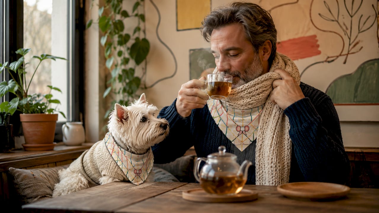 Man and dog wearing coordinated knit accessories indoors
