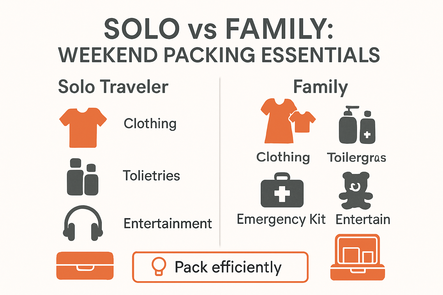 Solo versus family weekend trip packing infographic
