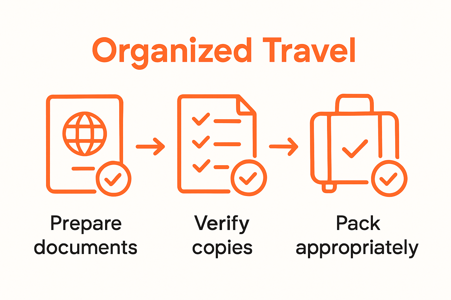 Infographic showing three icons of passport, checklist, and suitcase connected by arrows