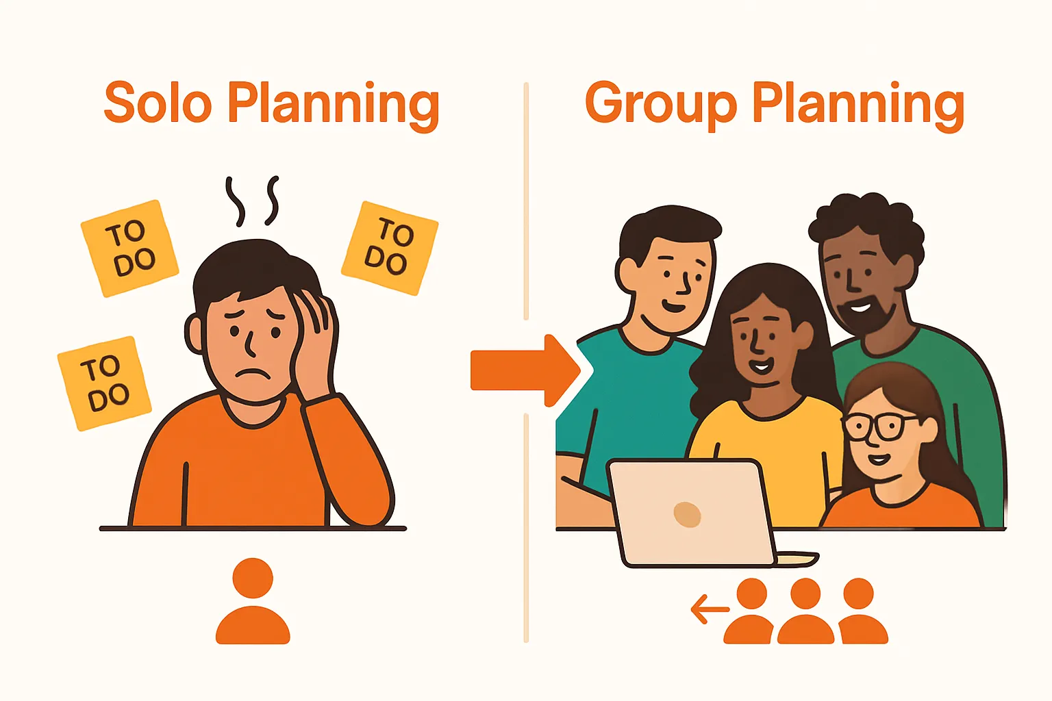 Solo vs. collaborative trip planning visual comparison