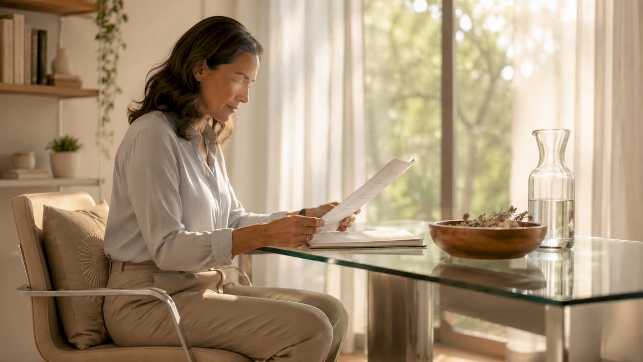 Integrative wellness practitioner reviewing patient forms