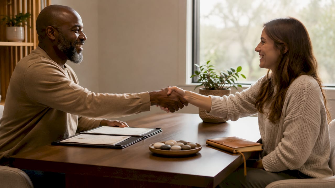 Holistic licensed clinician shaking hands with client