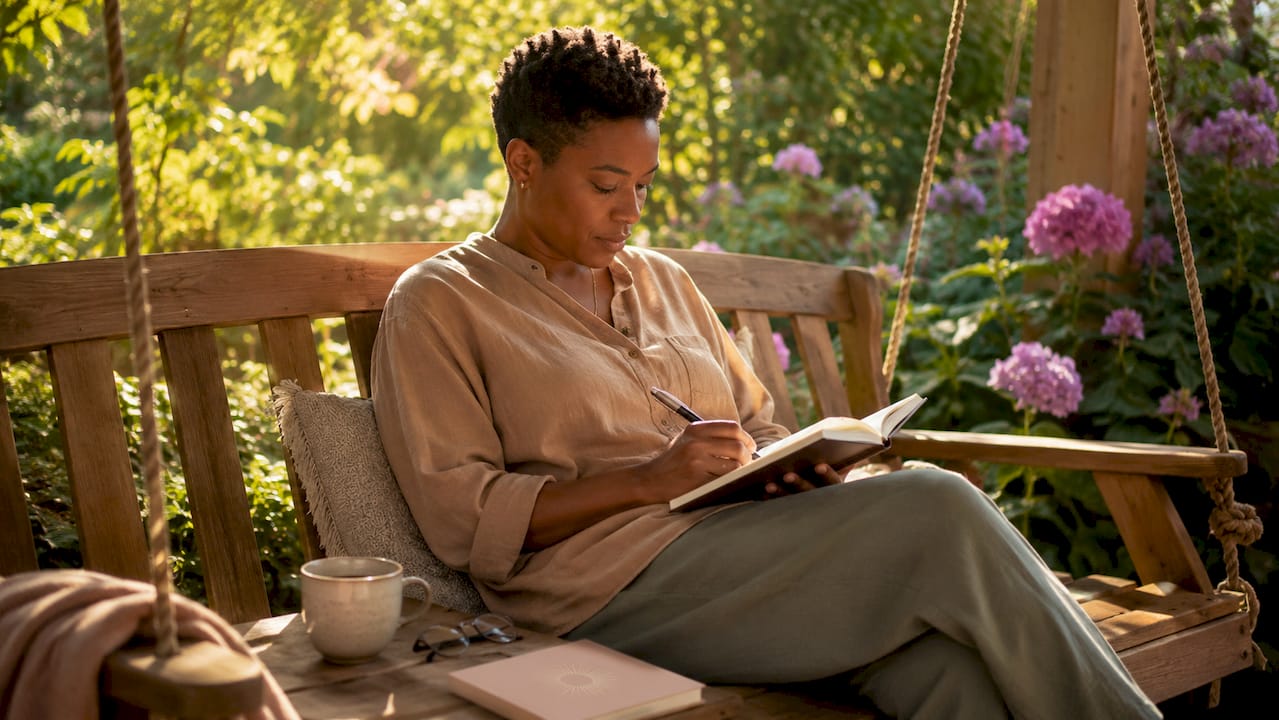 Person quietly taking notes in a garden setting