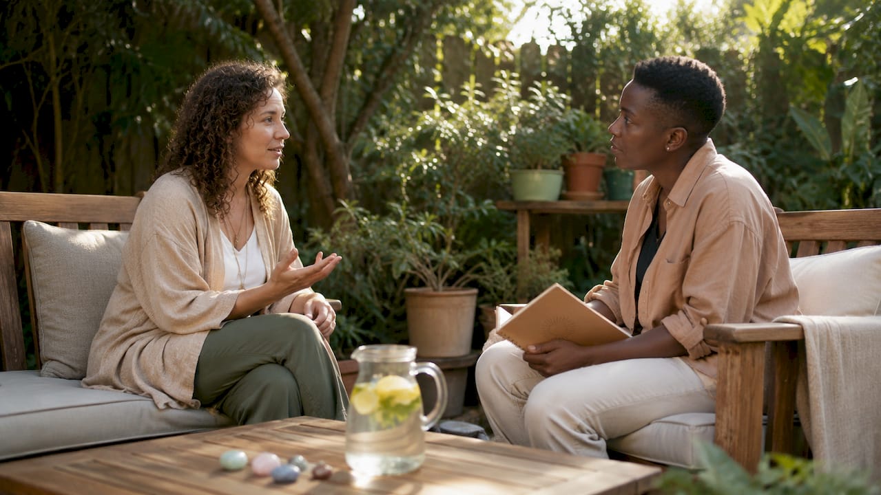 Two people engaged in calm consultation at home