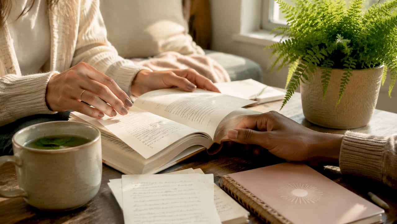 Hands holding mindfulness therapy book and notes on desk