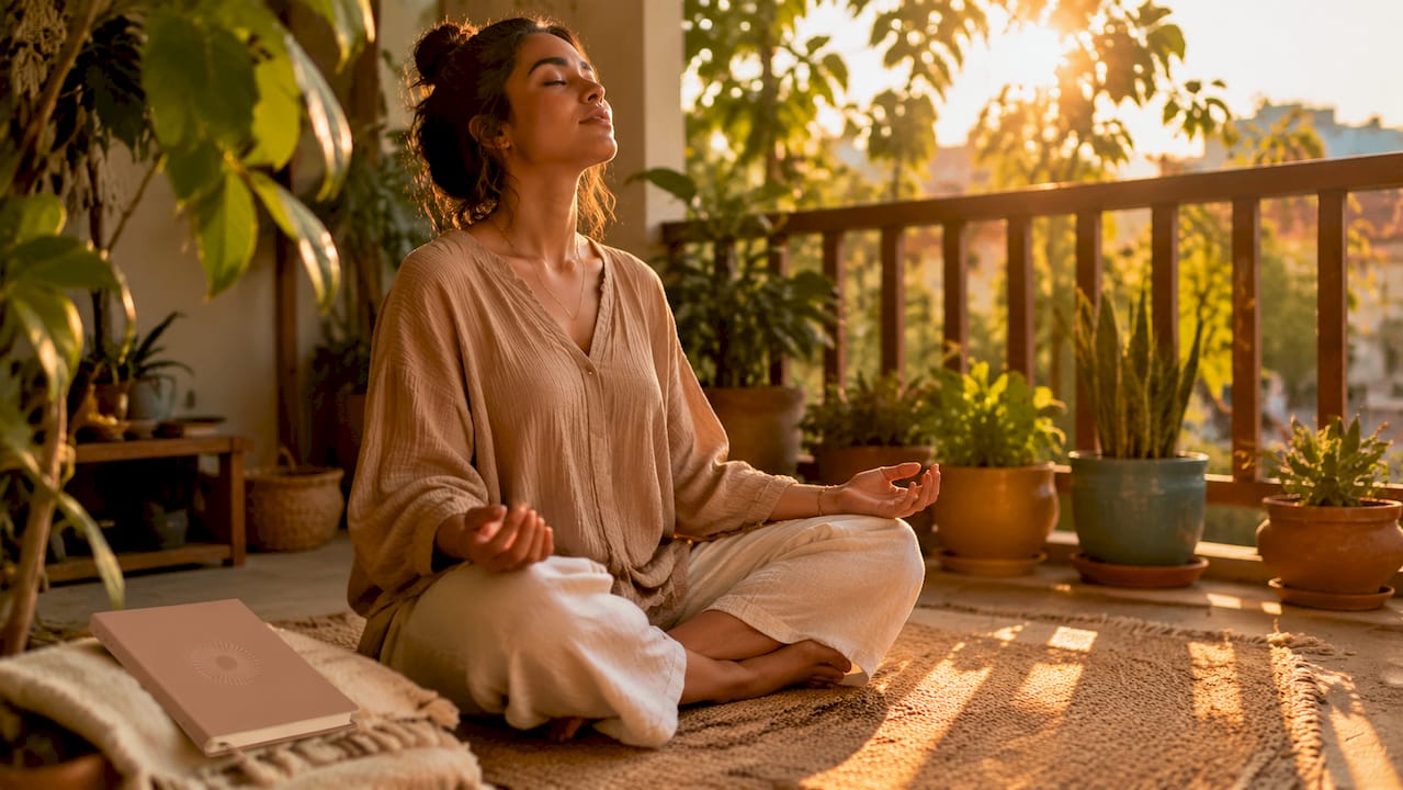 Person practicing calm breathing in home