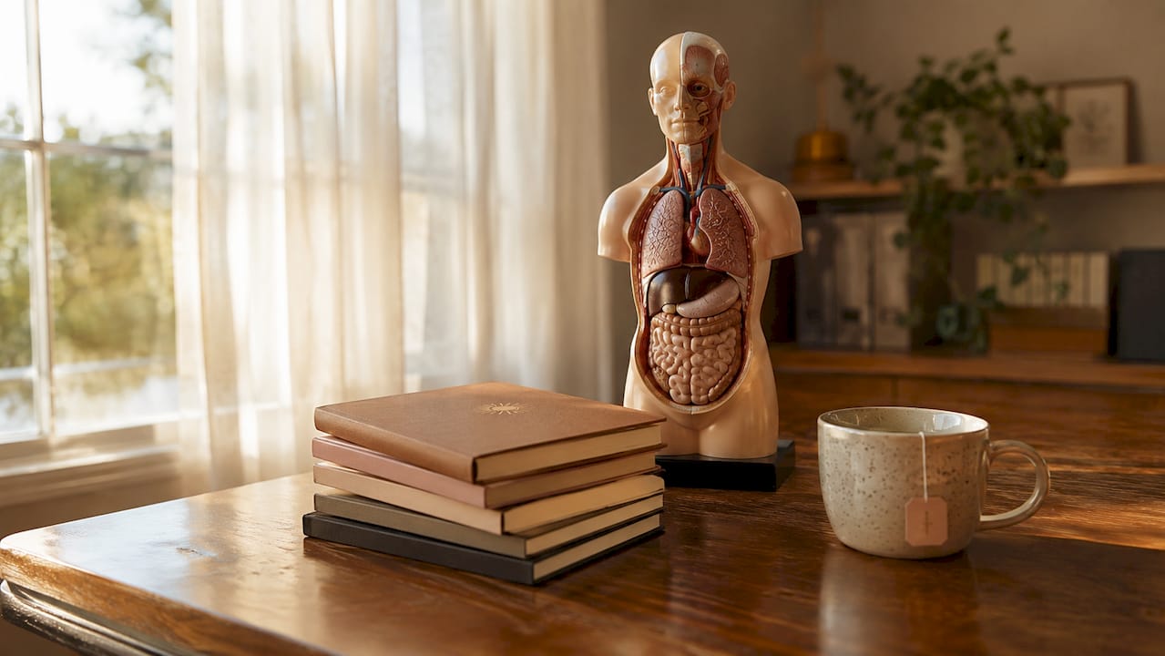 Anatomical model and study materials on wooden desk