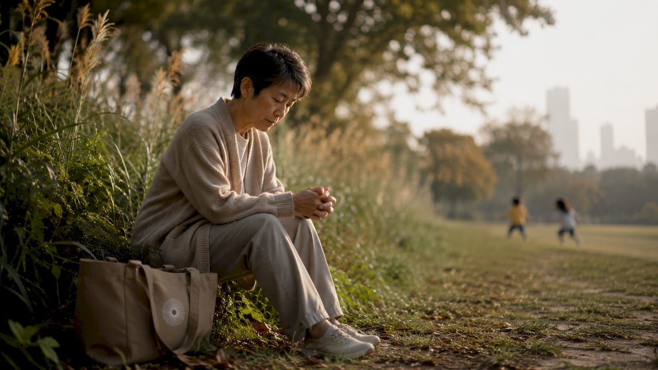 Person sitting quietly in park during golden hour
