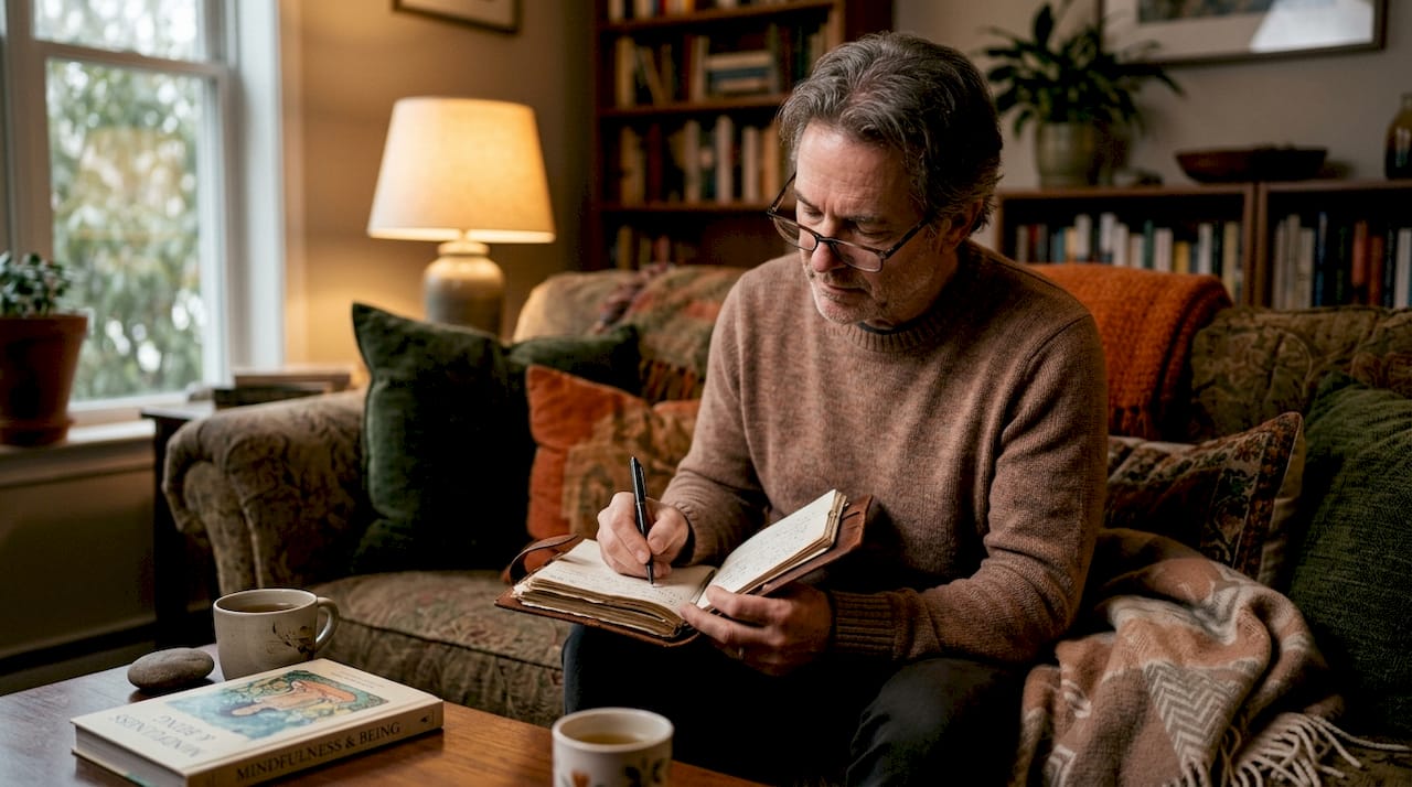 Man journaling embodiment of spiritual insights at kitchen table