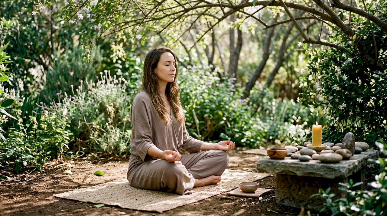 Woman meditating in sunlit living room for spiritual healing